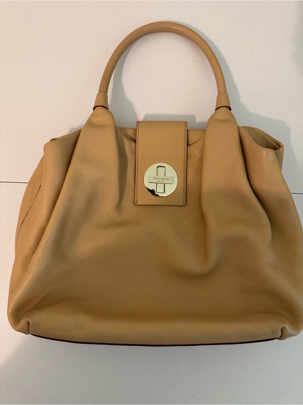 kate spade Pebbled Tan Shoulder Clutch with Gold Turn-Lock